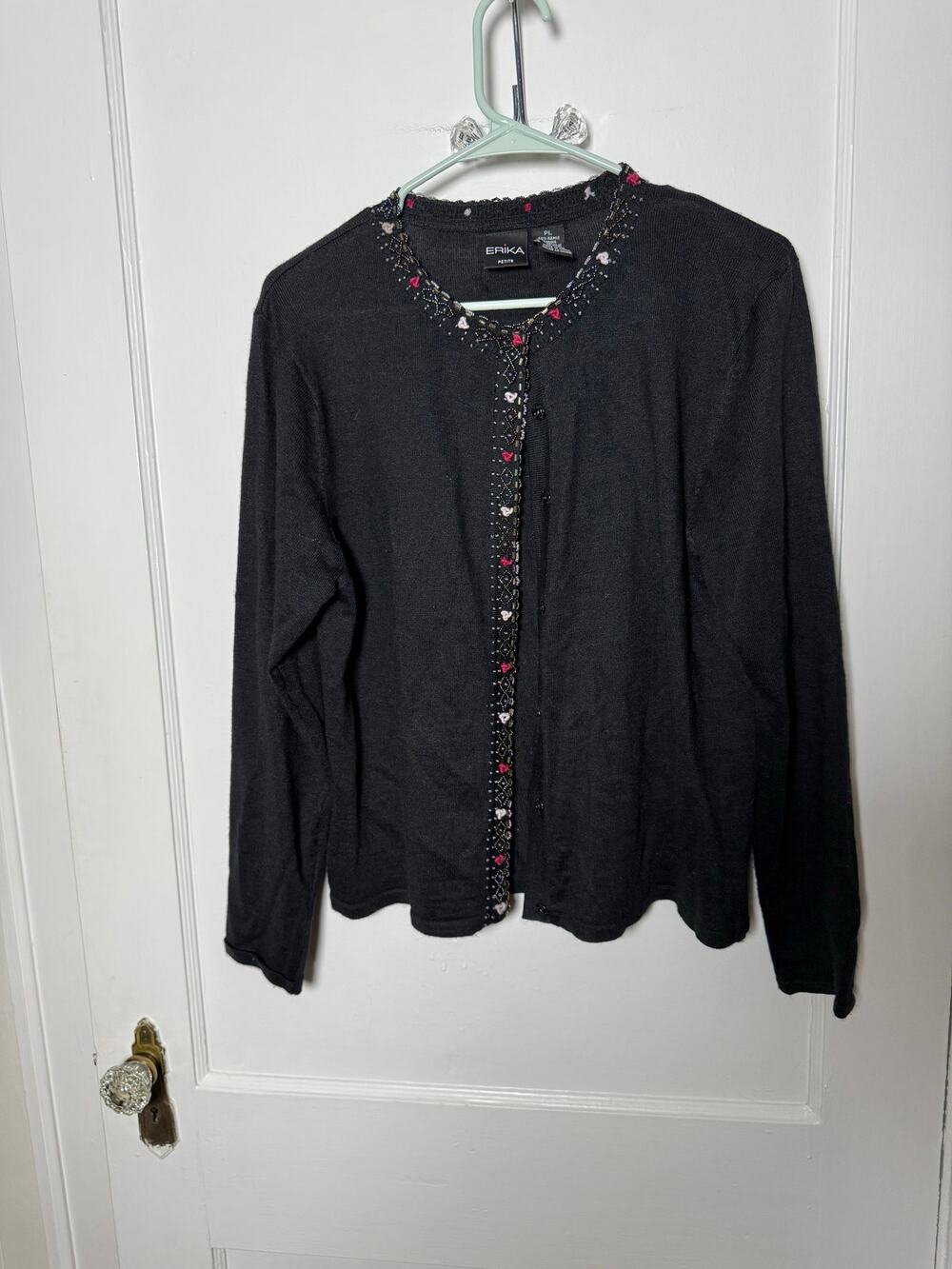 Vintage Erika Black Beaded Floral Coquette Girly Frilly Cardigan Sweater PL